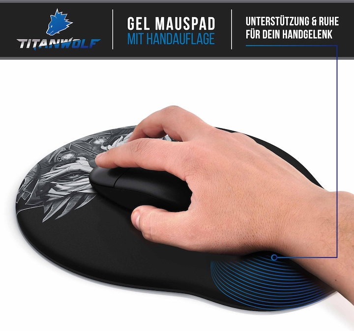 Produktbild Titanwolf Gaming Mauspad mit Handgelenkauflage, Office Gel Mausmatte mit Handgelenkpolster, schwarz