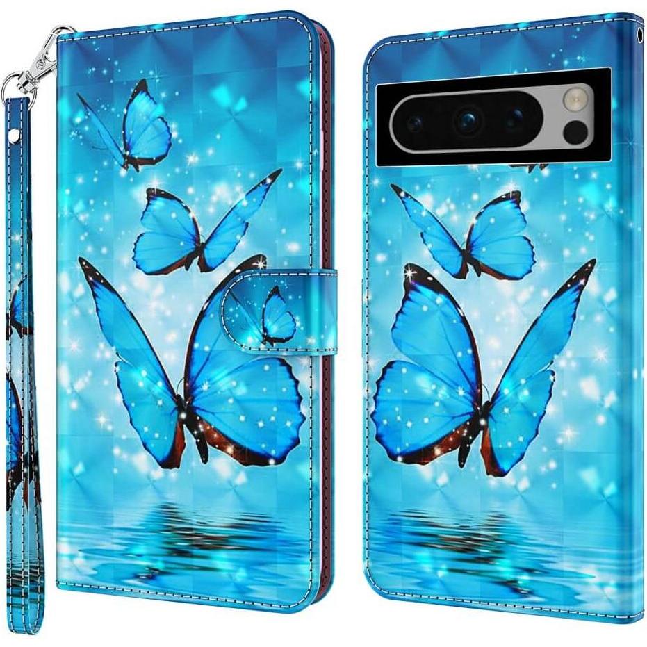Cover-Discount Google Pixel 8 Pro - Etui Glitzer Effekt Schmetterling blau (Google Pixel 8 Pro), Smartphone Hülle, Blau