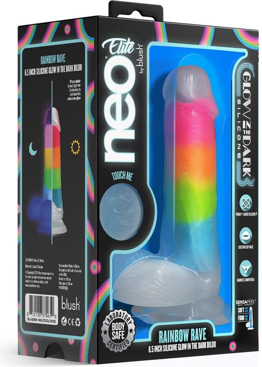 Actual product image Blush neo elite glow in the dark rainbow rave 6.5 inch silicone dual density dildo multicoloured