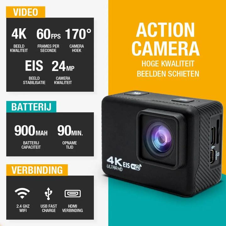Image du produit Pora&Co - Action camera - 4K - 16MP - 60FPS / 30M Waterproof / WiFi - Inclusief Accessoires - Actiecamera - (WiFi)