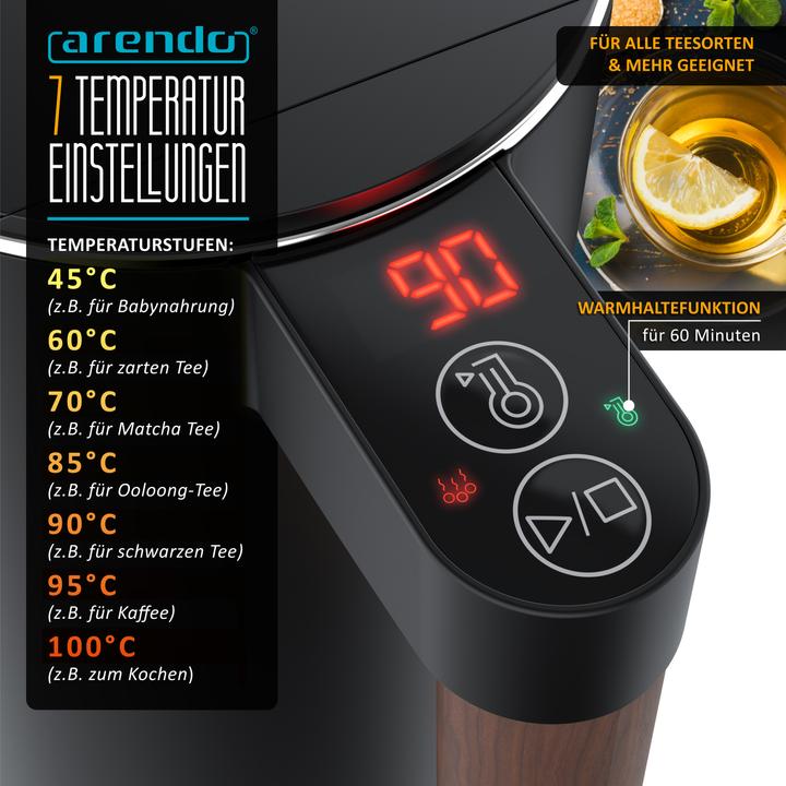 Image du produit Arendo Bouilloire en acier inoxydable 1,5 L, 2200 W, réglage de la température 45°C - 100°C, fonction (1.50 l)