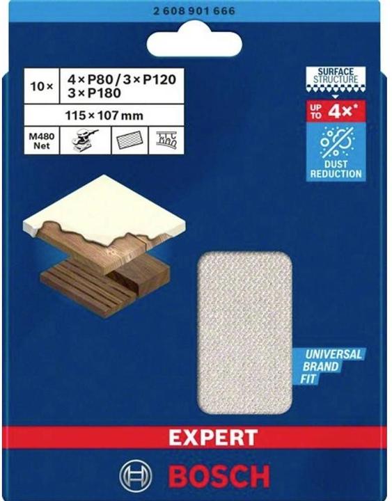 Produktbild Bosch Professional Zubehör EXPERT M480 Schleifnetz-Set, 115 x 107 mm, G 80/120/180, 10 Stück (120, 180, G 80)
