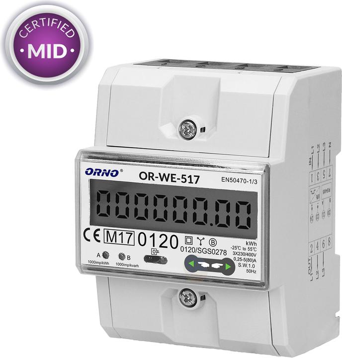 Produktbild MGA 3-Phasen-Stromzähler, 80A, RS-485-Anschluss, Mehrtarif, 3 Module, DIN TH-35mm