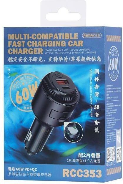 Actual product image Remax Yatoy Series 60W PD+QC Scented Multi-compatible Fast Car Charger RCC353