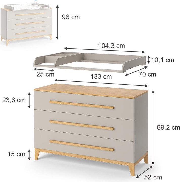 Image du produit VitaliSpa Wickelkommode Malia, Cashmere-Eiche, 133 x 98 cm XL mit 3 Schubladen