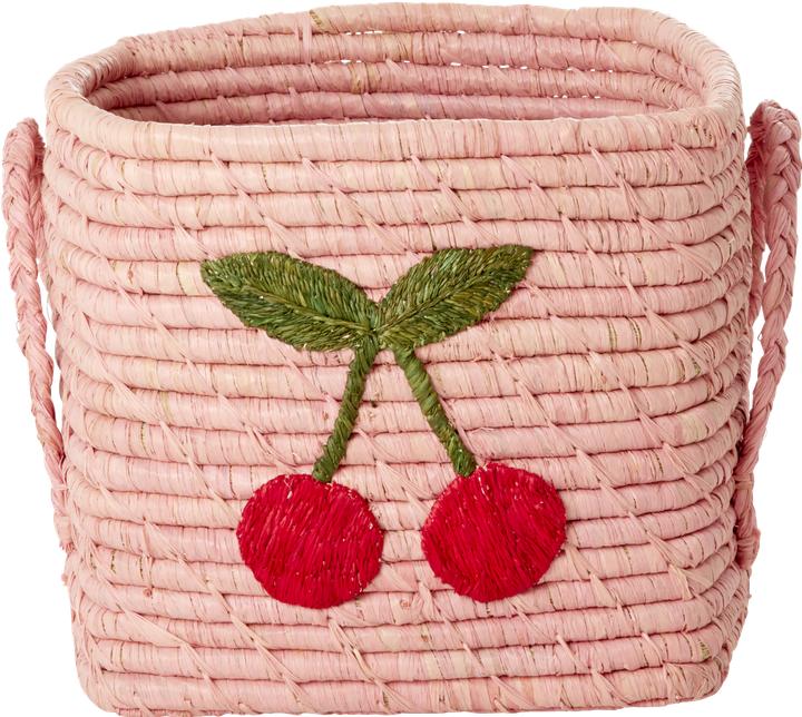 Rice - Raffia Square Basket with Big Cherry Embroidery - Soft Pink - Small