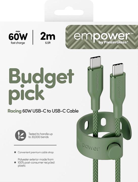 Actual product image PanzerGlass empower™ by ® Racing 60W USB-C to USB-C Cable | USB 2.0 | 2M | Sage (2 m, USB 2.0, 60 W)
