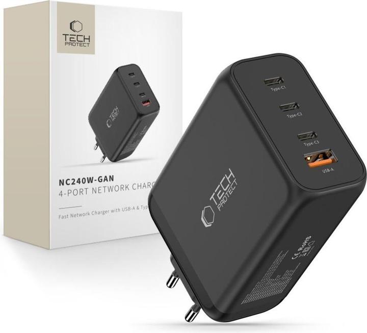 Tech-Protect NC240W-GAN 4-PORT NETZWERKLADEGERÄT PD 240W / QC3.0 SCHWARZ (240 W, 4 ports)