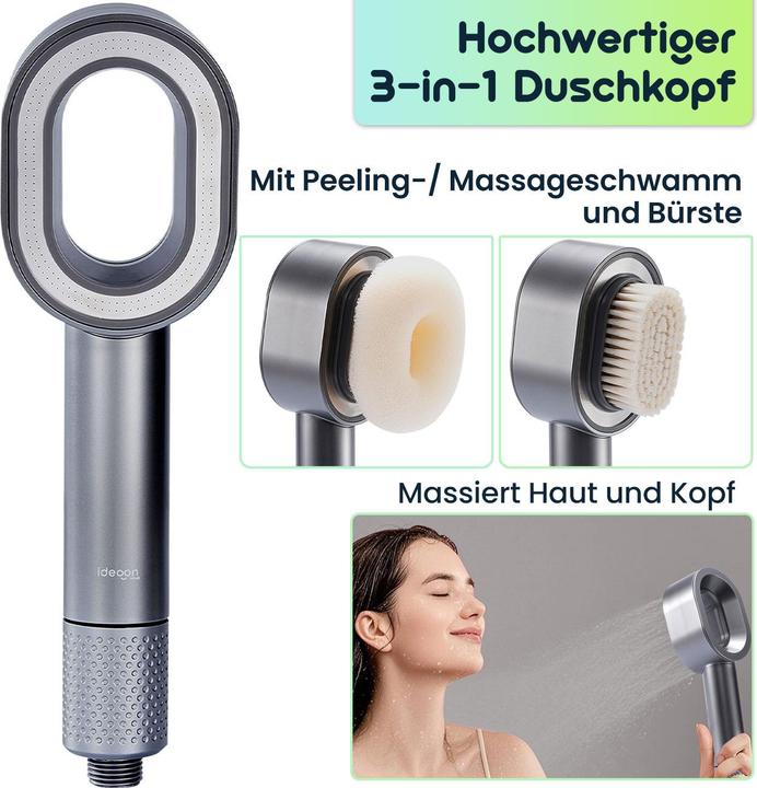 Produktbild Ideoon 3-in-1 WasserSpar Duschkopf (3 Strahlarten, 7 l/min)