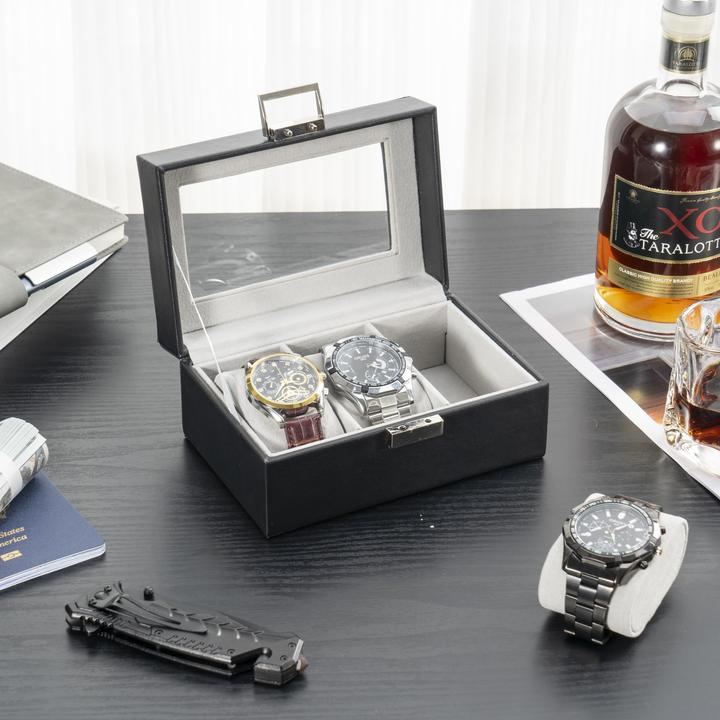 Produktbild Only-Bags.Store Uhrenbox mit 3 Fächern, Uhrenbox mit Glasdeckel, Uhrenkoffer mit Uhrenkissen