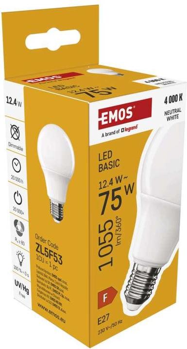 Actual product image Emos LED lamp Basic A60 / E27 / 12.4 W (75 W) / 1055 lm / Neutral white (E27, 1055 lm, 1 x)