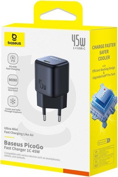 Actual product image Baseus - Wall Charger PicoGo (P10176800123-00) - GaN, Fast Charging, 45W, USB-C - Cosmic Black (45 W, 1 portion)