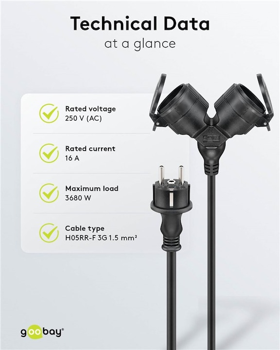 Produktbild Goobay Doppel-Verlängerungskabel Outdoor, 10 m, schwarz (10 m, CEE 7/3)