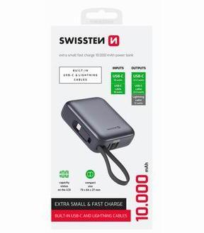 Actual product image Swissten Power Bank 10000 Mah with Built-In Cables USB-C and Lightning Space Silver (10000 mAh, 22.50 W, 37 Wh)