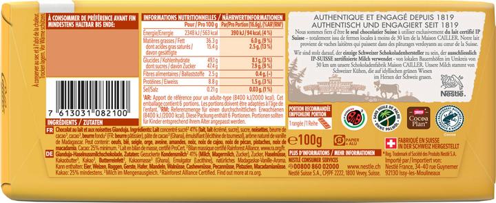 Valeurs nutritives et ingrédients Cailler Dessert (100 g)