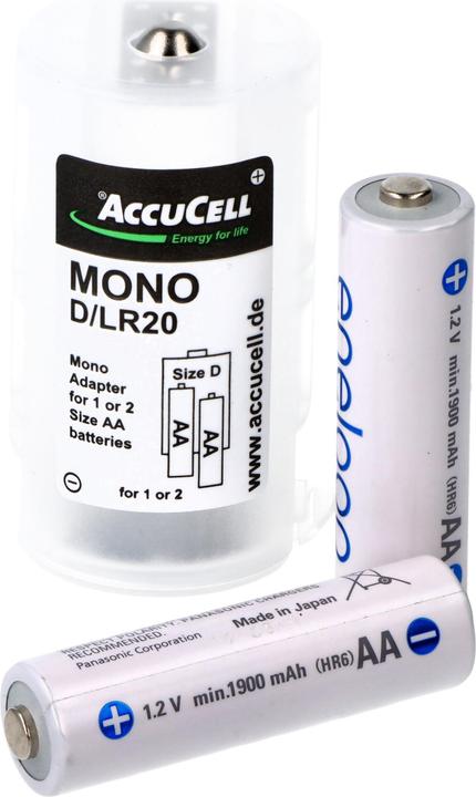 Produktbild AccuCell Universal Mono D Adapter im 2er Pack für 1 oder 2 Mignon, AA, LR6, FR6