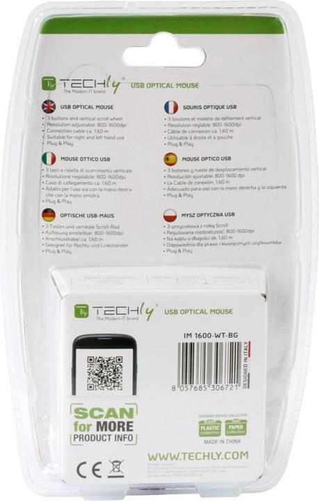 Actual product image Techly USB Optical Mouse 800-1600 dpi Black / Green IM 1600-WT-BG (Cable)