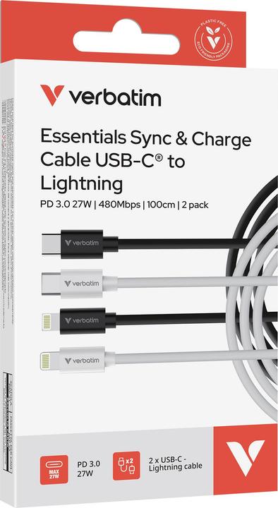 Produktbild Verbatim Kable Sync & Charge USC-C do Lightning essentials 27W czarny / biały 2szt. 32392 (1 m, USB 2.0, 27 W)