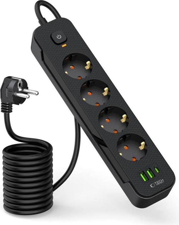 Actual product image Tech-Protect PCL4X3 Power Strip 4 Sockets 240V + 2xUSB-A + 1xUSB-C 200 cm - Black (4 x, USB-A, 2 m)