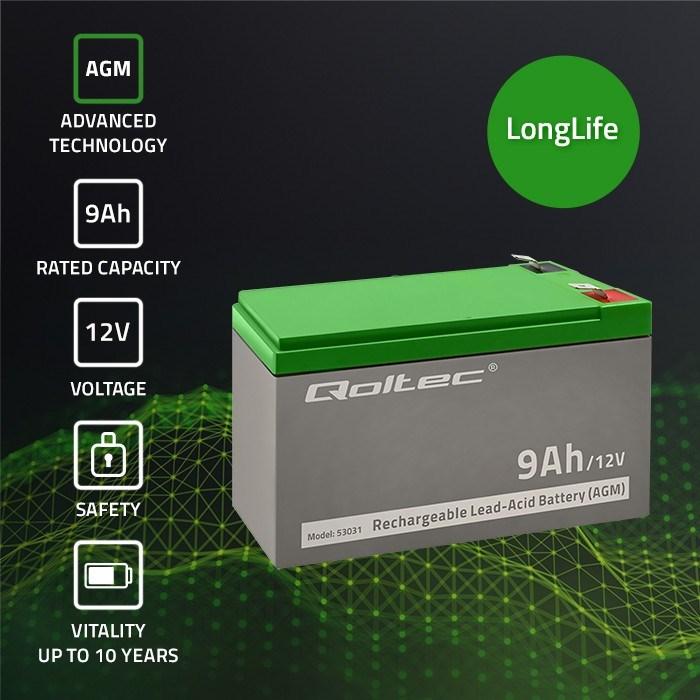Actual product image Qoltec 53031 AGM battery| 12V| 9Ah| max 135A - Battery - 9.000 mAh (12 V, 9 Ah)