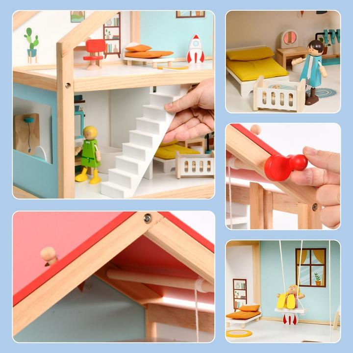 Image du produit Hermex 59-tlg. Holz-Puppenhaus mit Puppen Puppen-Villa mit Garten Spielhaus
