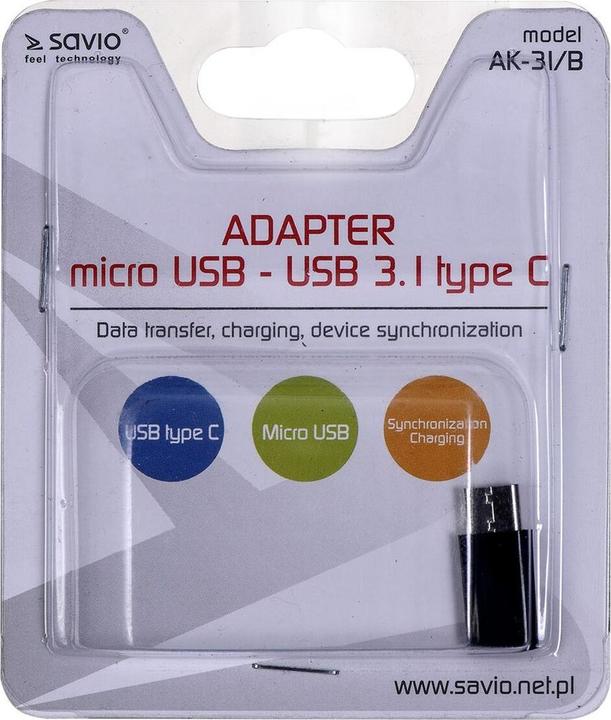 Produktbild Savio AK-31 / B Kabelschnittstellen-/Gender-Adapter Micro USB USB 3.1 Typ C Schwarz (Micro USB, USB 3.1, 1.05 cm)