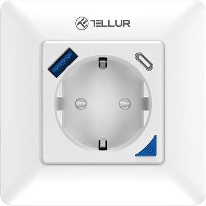 Tellur Smart WiFi Wall Plug 3600W 16A, PD20W, USB 18W, lettura energetica, bianco
