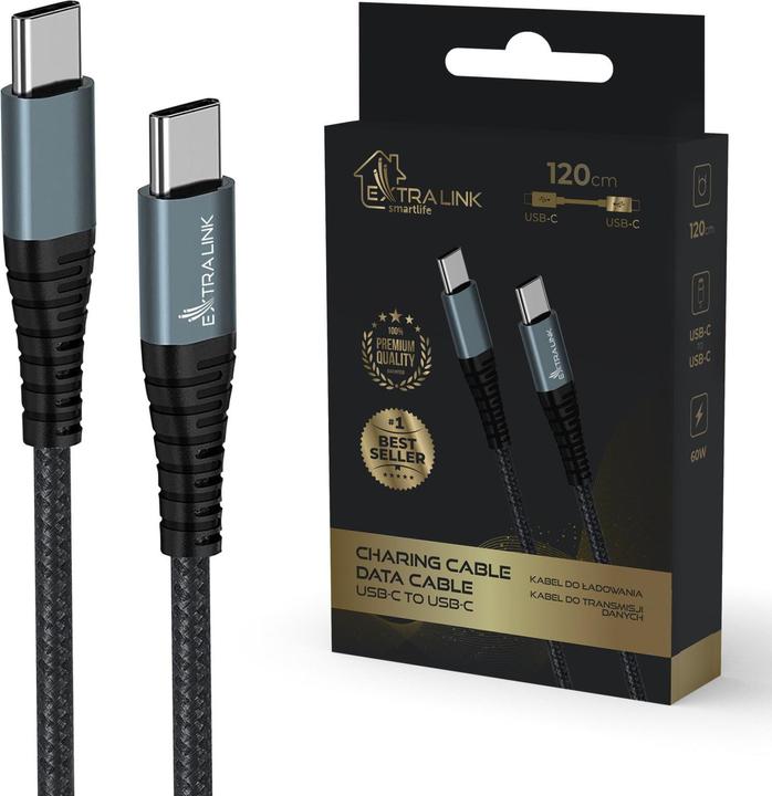 Extralink Smart Life USB Type-C naar Type-C Zwart | USB-C naar USB-C Kabel | 120 cm (1.20 m, USB 2.0, 15 W)