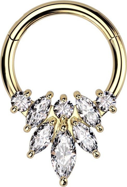 Actual product image Star Piercing Micro segment ring hinged gold plated three round and four oval crystals silver (Brass, Surgical steel 316L)