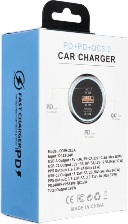 Actual product image OEM Car accessories Car charger USB A + 2 x Type C PD QC3.0 3A 191W CC69-2C1A black