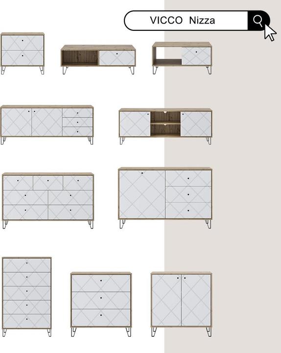 Produktbild Vichy Lowboard Nizza, Artisan/Weiss/Weiss, 150.2 x 60.2 cm mit 3 Schubladen & 2 Türen