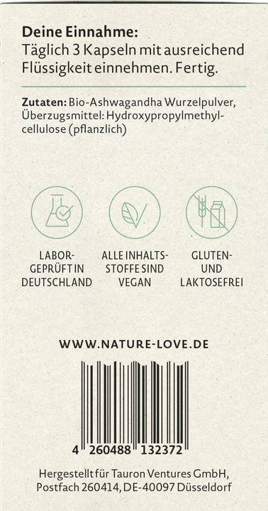 Nährwerte und Zutaten Nature Love Ashwagandha (135 Stück, 103 g)