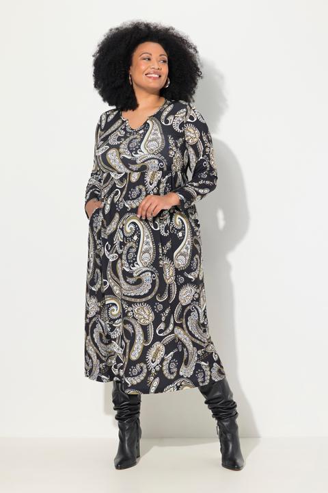 Actual product image Ulla Popken Matte Jersey Paisley Long Sleeve Notch Neckline Dress (50, 52)