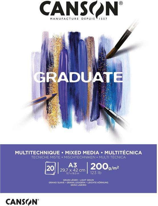 Image du produit Canson Bloc d'études GRADUATE MIXED MEDIA, blanc, DIN A3 (A3, Blanc, Non contraignant)