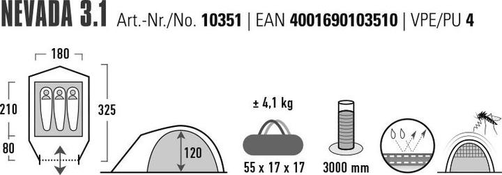 Image du produit High Peak Tente Nevada 3.1 (Tente igloo, 3.95 kg, 3 personnes)