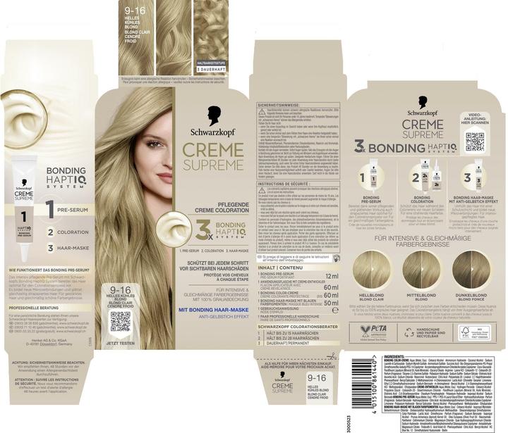 Actual product image Schwarzkopf Creme Supreme Creme Supreme Coloration 9-16 Helles Kühles Blond (9-16 Light cool blonde)