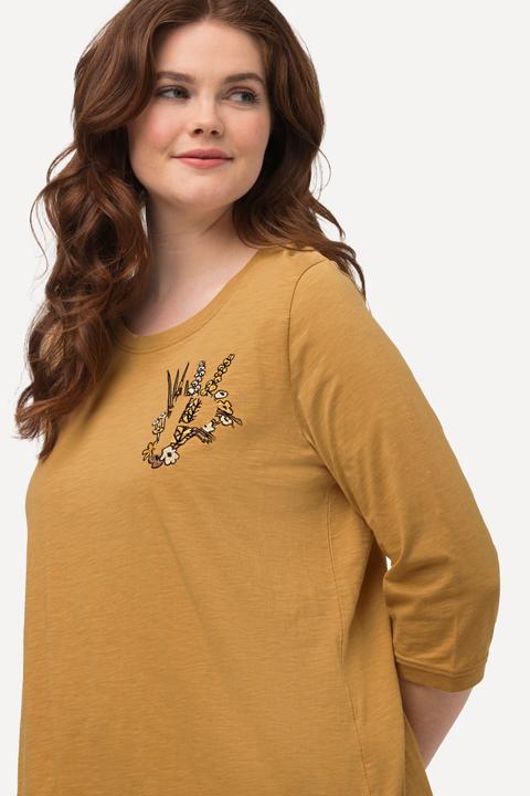Image du produit Ulla Popken T-shirt en coton bio avec broderie, col rond et manches 3/4 (46, 48)