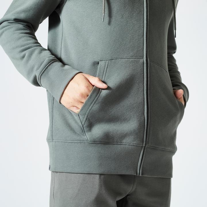Image du produit Domyos Sweat zippé à capuche de fitness en molleton homme, vert kaki (XL)
