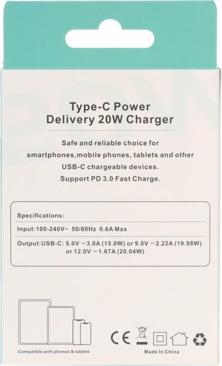 Produktbild AccuCell USB-C Schnell-Ladegerät max. 20W, 5V, 9V oder 12 Volt, weiss (20 W)
