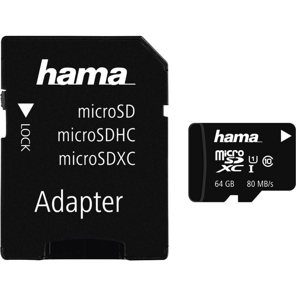 Hama Class 10 UHS-I 80MB (64 GB, microSDXC, U1, UHS-I), Scheda di memoria, Nero