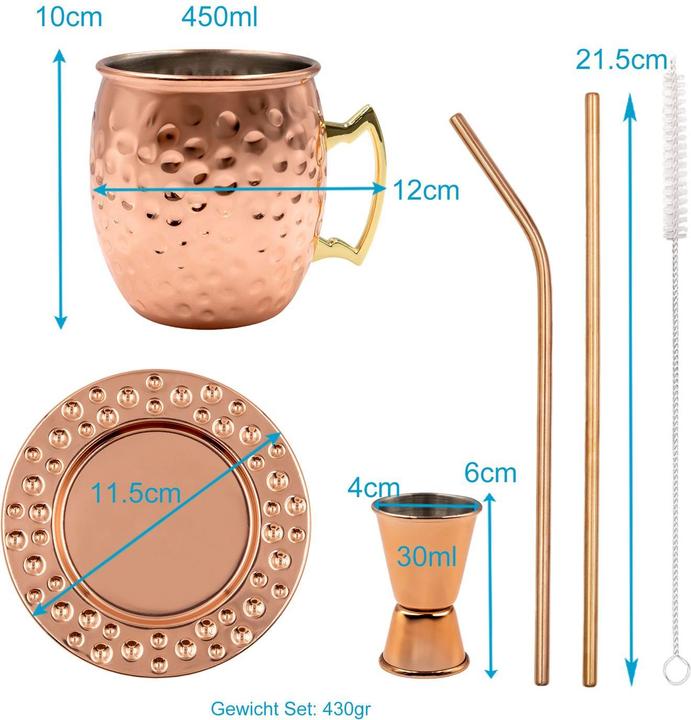 Actual product image Intirilife Moscow Mule Becher Set inkl. Untersetzer Strohhalm (4.50 dl, 9 x, Moscow Mule mug)