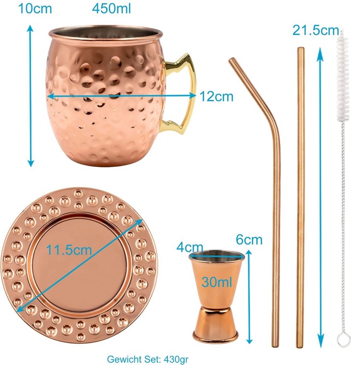 Produktbild Intirilife Moscow Mule Becher Set inkl. Untersetzer Strohhalm (4.50 dl, 9 x, Moscow Mule Becher)