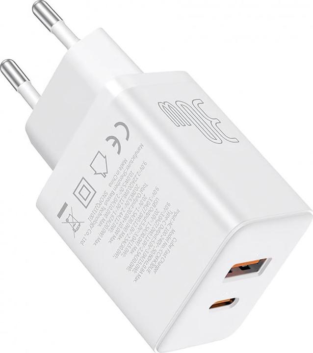 Image du produit Baseus Cube, 30W, 2.4A, 1 x USB-A - 1 x USB-C, blanc (30 W, 2 ports)