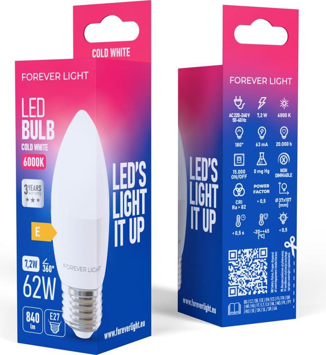 Produktbild Forever Light LED Bulb E27 C37 7.2W 840lm 6000K class E (E27, 840 lm)