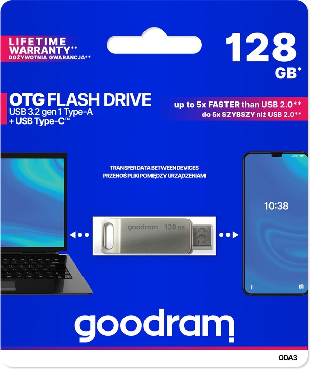 Actual product image Goodram ODA3 USB Flash Drive USB Type-A / USB Type-C 3.2 Gen 1 (3.1 Gen 1) (128 GB, USB 3.2, USB-A, USB-C)