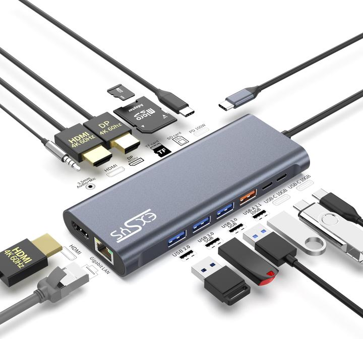 Actual product image Exsys 14in1 USB 3.2 Gen 2x1 Dock (USB-C, 14 ports)