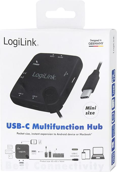 Produktbild LogiLink UA0344 - USB Typ-C OTG (On-The-Go) Multifunktions-Hub und Kartenleser (USB-C, 3 Ports)