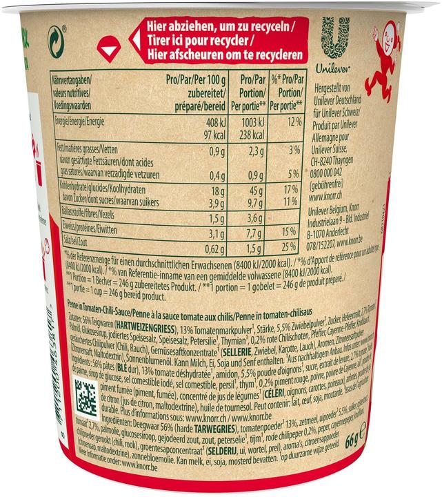 Nährwerte und Zutaten Knorr Pasta Snack Arrabbiata Becher, Instant Fertiggericht mit pikanter Sauce, in 5 Minuten zubereitet (80 g)