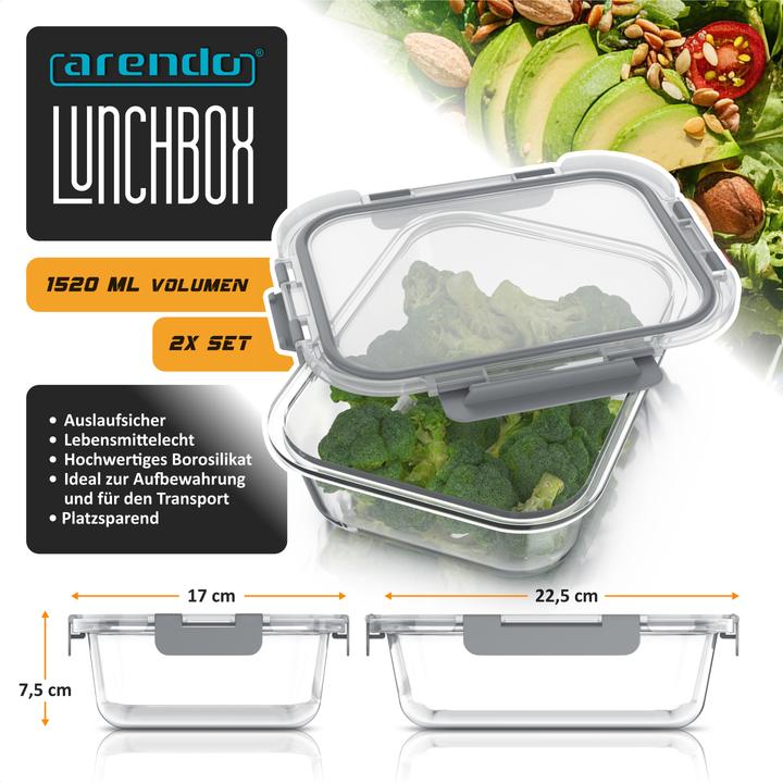 Actual product image Arendo Vorratsdose, Frischhaltedose, Klick-Deckel für Lebensmittel, stapelbar, Borosilikatglas, 1520ml (1.52 l)