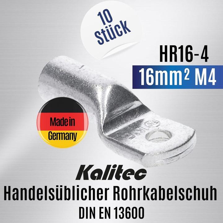 Actual product image Kalitec 10 HR16-4 standard 16mm² M4 tubular cable lugs I without visible hole I Made in Germany